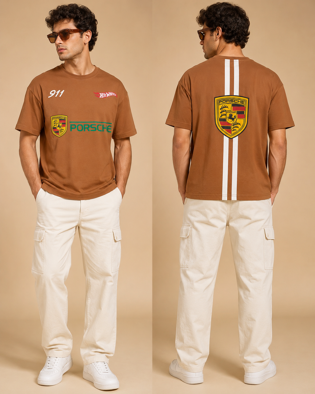 Men’s Brown Porsche Graphic Print Oversized T-Shirt