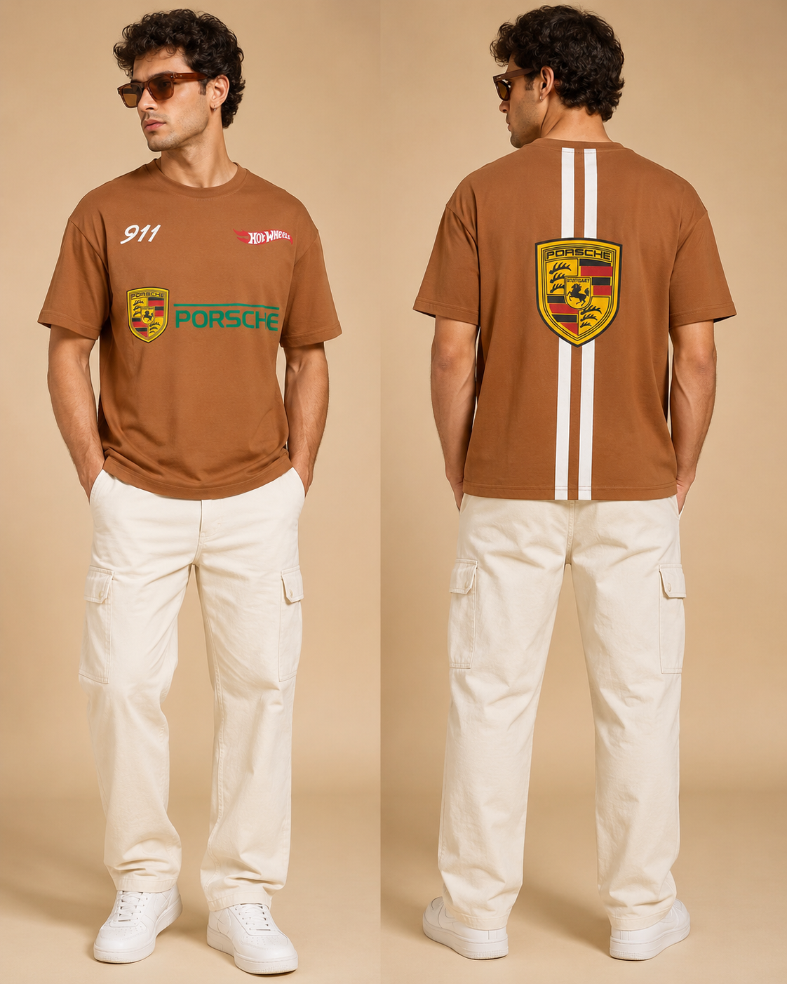 Men’s Brown Porsche Graphic Print Oversized T-Shirt