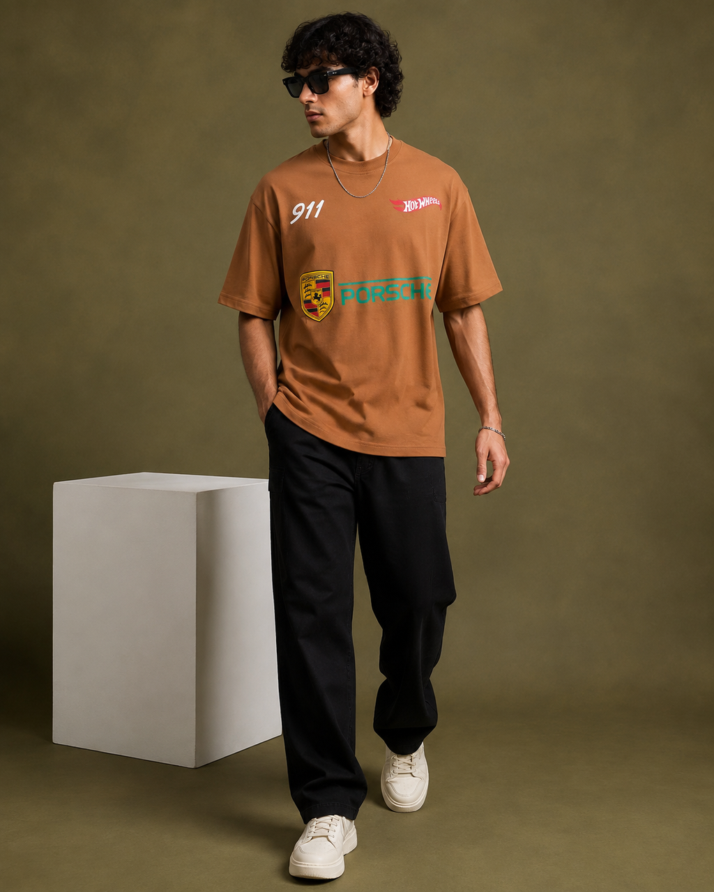 Men’s Brown Porsche Graphic Print Oversized T-Shirt