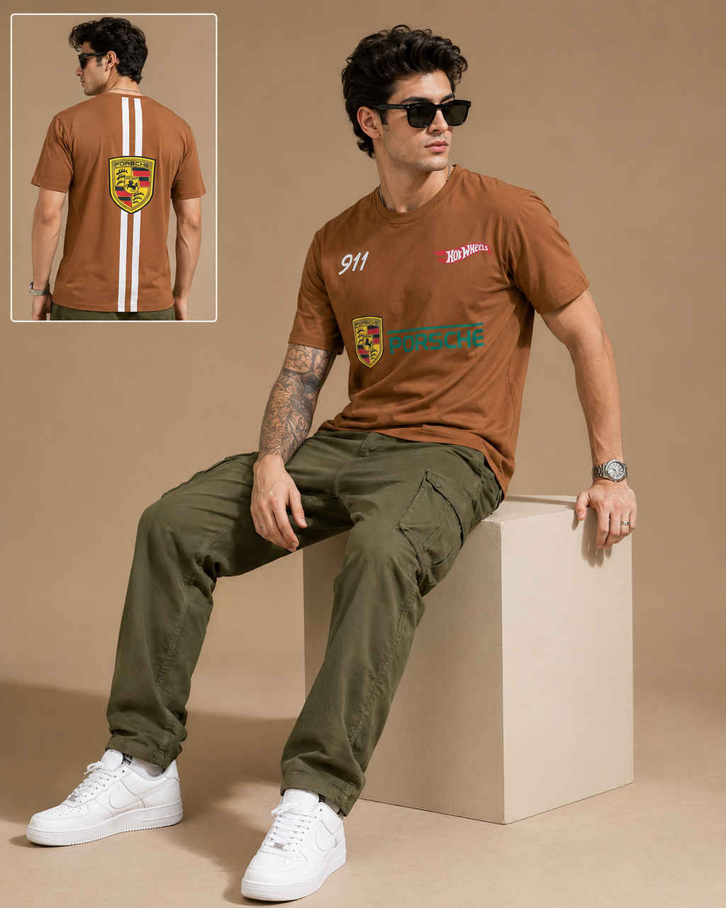 Men’s Brown Porsche Graphic Print Oversized T-Shirt