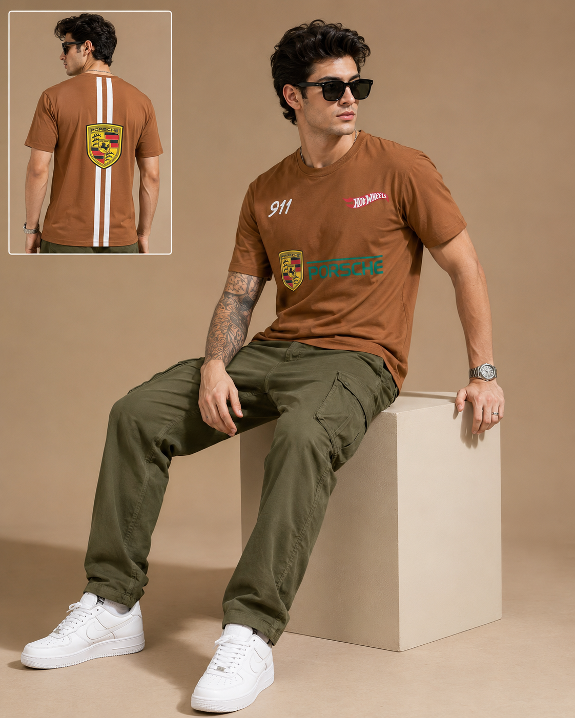 Men’s Brown Porsche Graphic Print Oversized T-Shirt