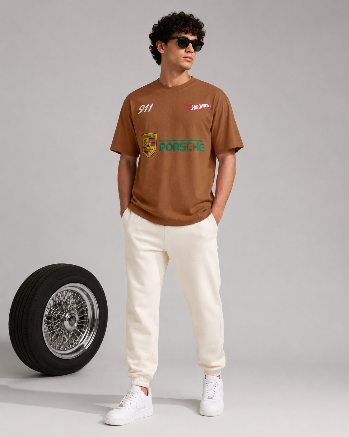 Men’s Brown Porsche Graphic Print Oversized T-Shirt