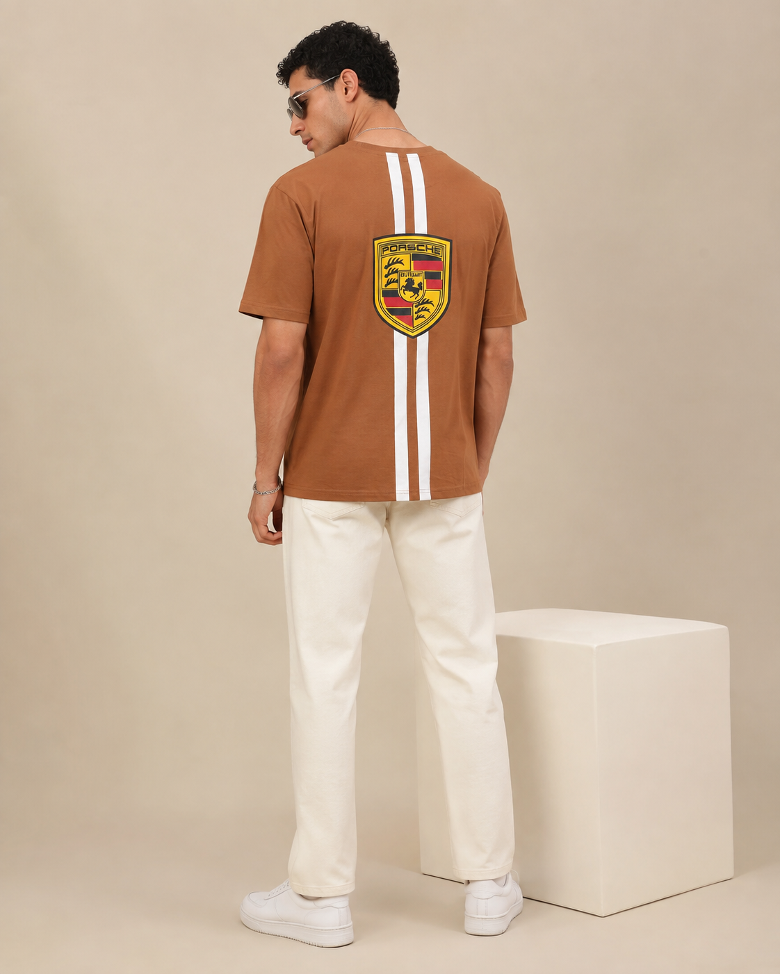 Men’s Brown Porsche Graphic Print Oversized T-Shirt