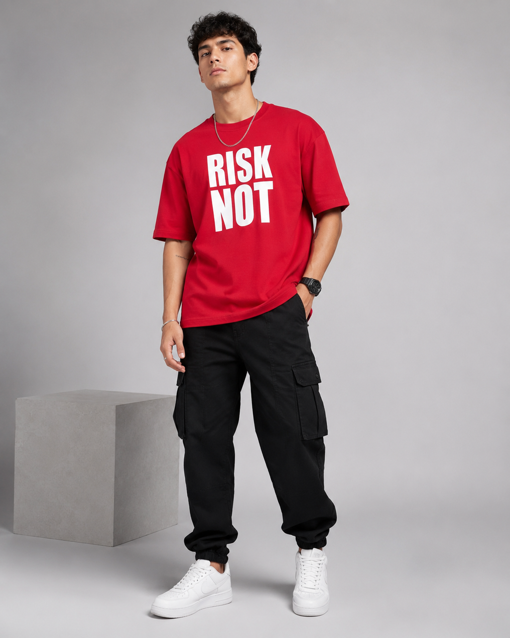 Men’s Red Down Shoulder “RISK NOT” Graphic Printed T-Shirt