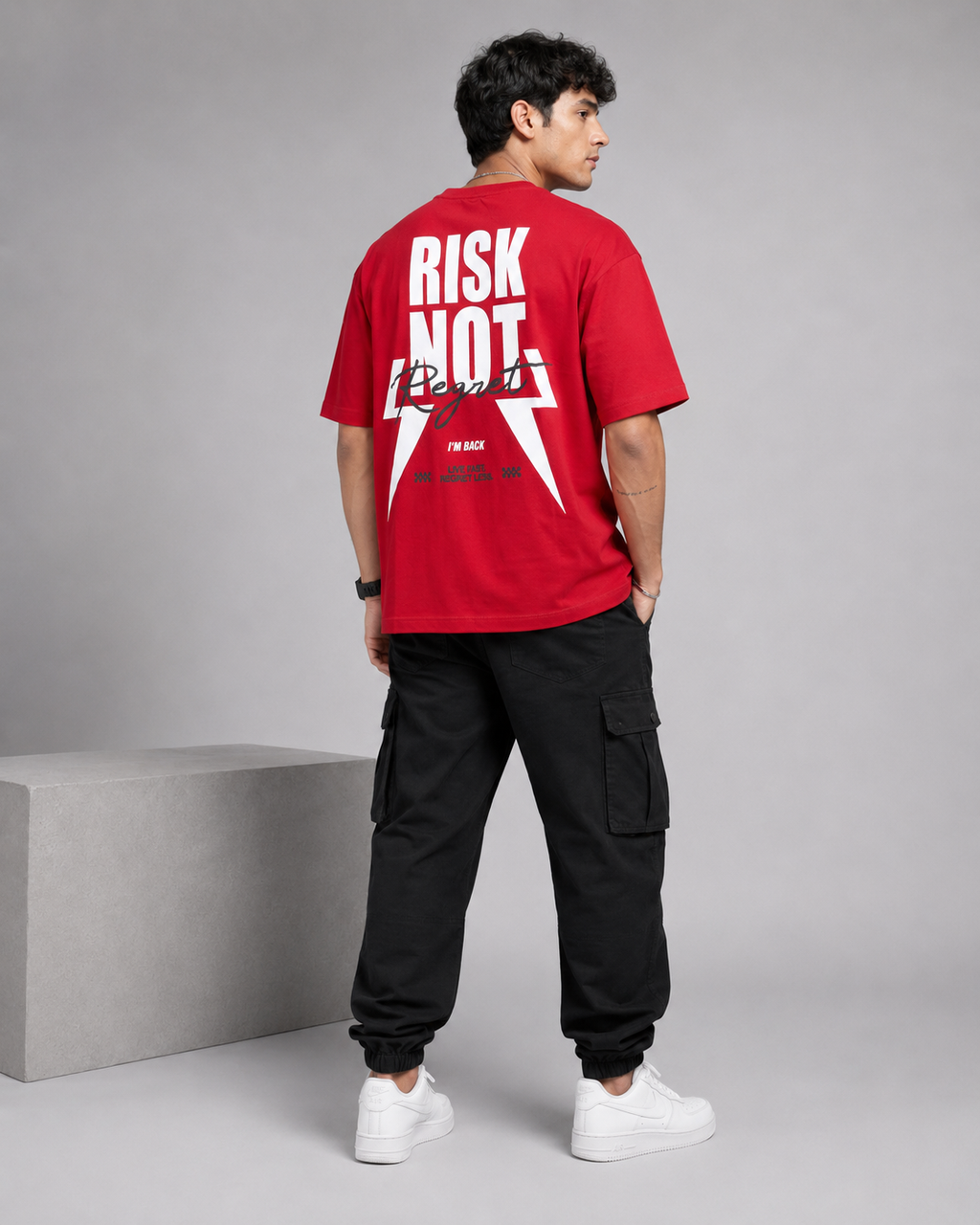 Men’s Red Down Shoulder “RISK NOT” Graphic Printed T-Shirt