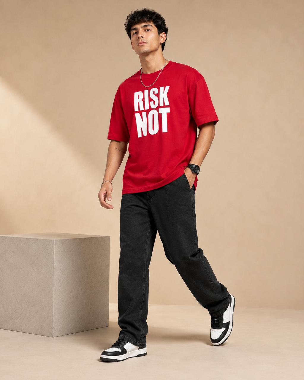 Men’s Red Down Shoulder “RISK NOT” Graphic Printed T-Shirt