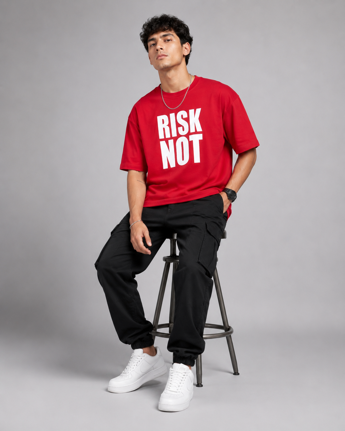 Men’s Red Down Shoulder “RISK NOT” Graphic Printed T-Shirt