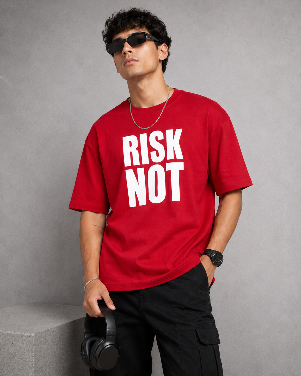 Men’s Red Down Shoulder “RISK NOT” Graphic Printed T-Shirt