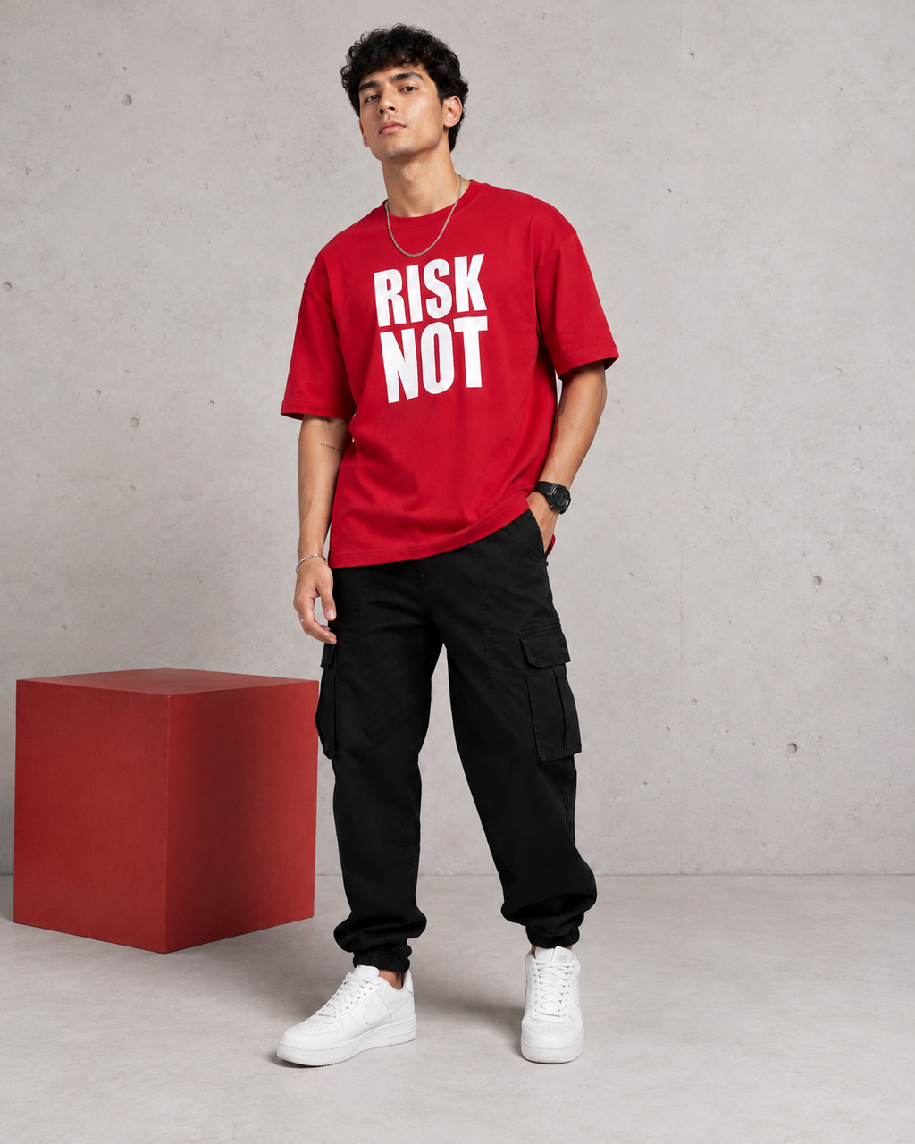 Men’s Red Down Shoulder “RISK NOT” Graphic Printed T-Shirt