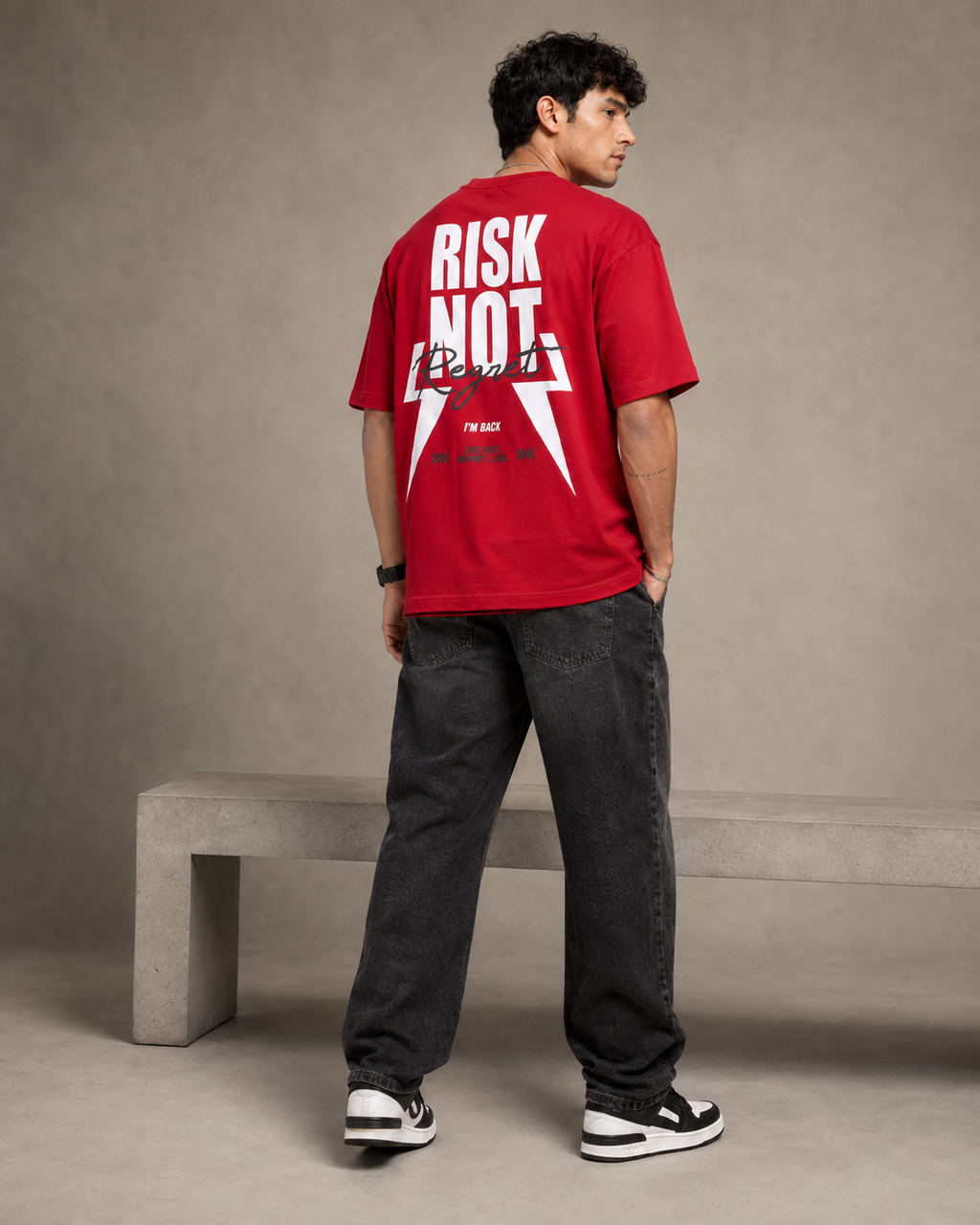 Men’s Red Down Shoulder “RISK NOT” Graphic Printed T-Shirt