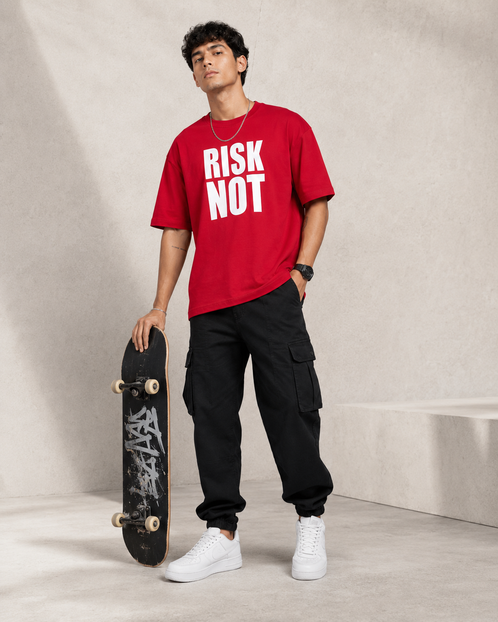 Men’s Red Down Shoulder “RISK NOT” Graphic Printed T-Shirt