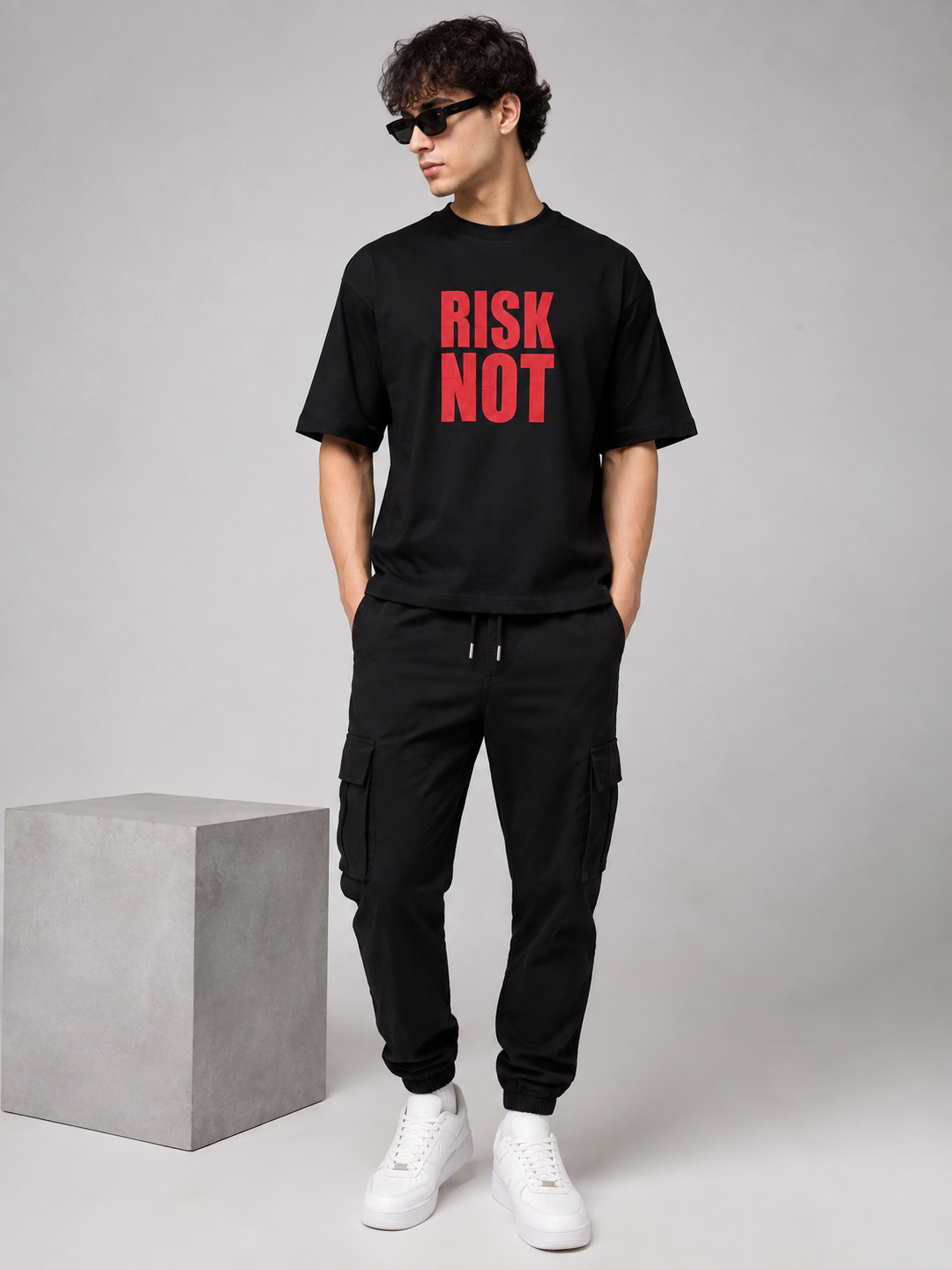 Men’s Black Down Shoulder “RISK NOT” Graphic Printed T-Shirt
