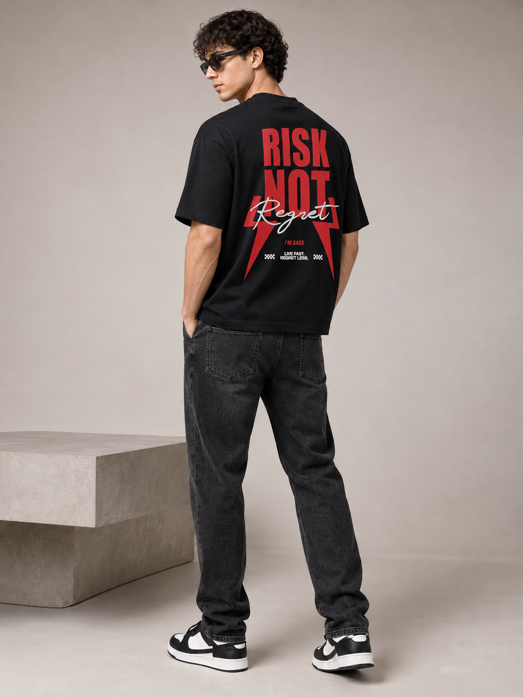 Men’s Black Down Shoulder “RISK NOT” Graphic Printed T-Shirt