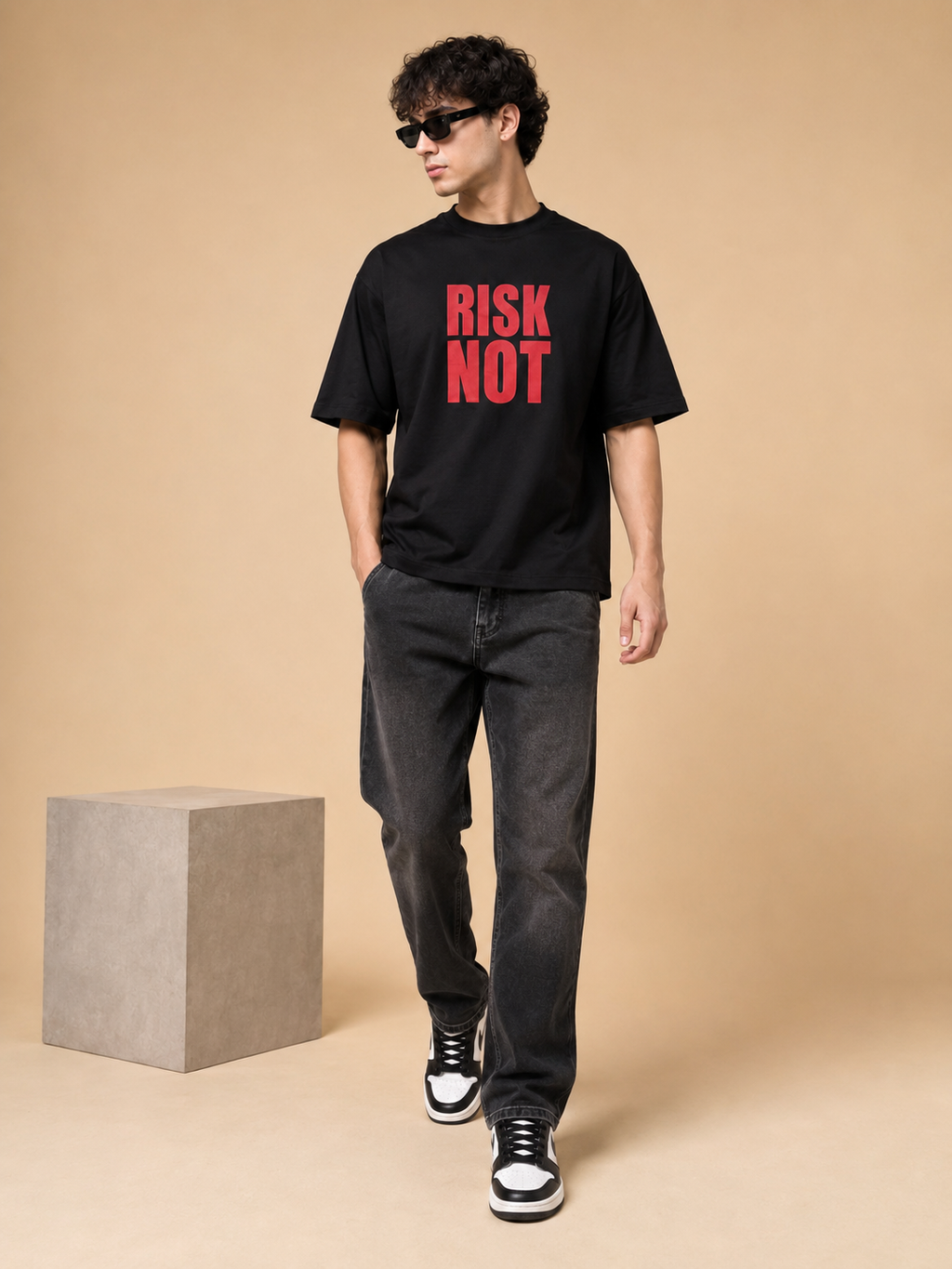 Men’s Black Down Shoulder “RISK NOT” Graphic Printed T-Shirt
