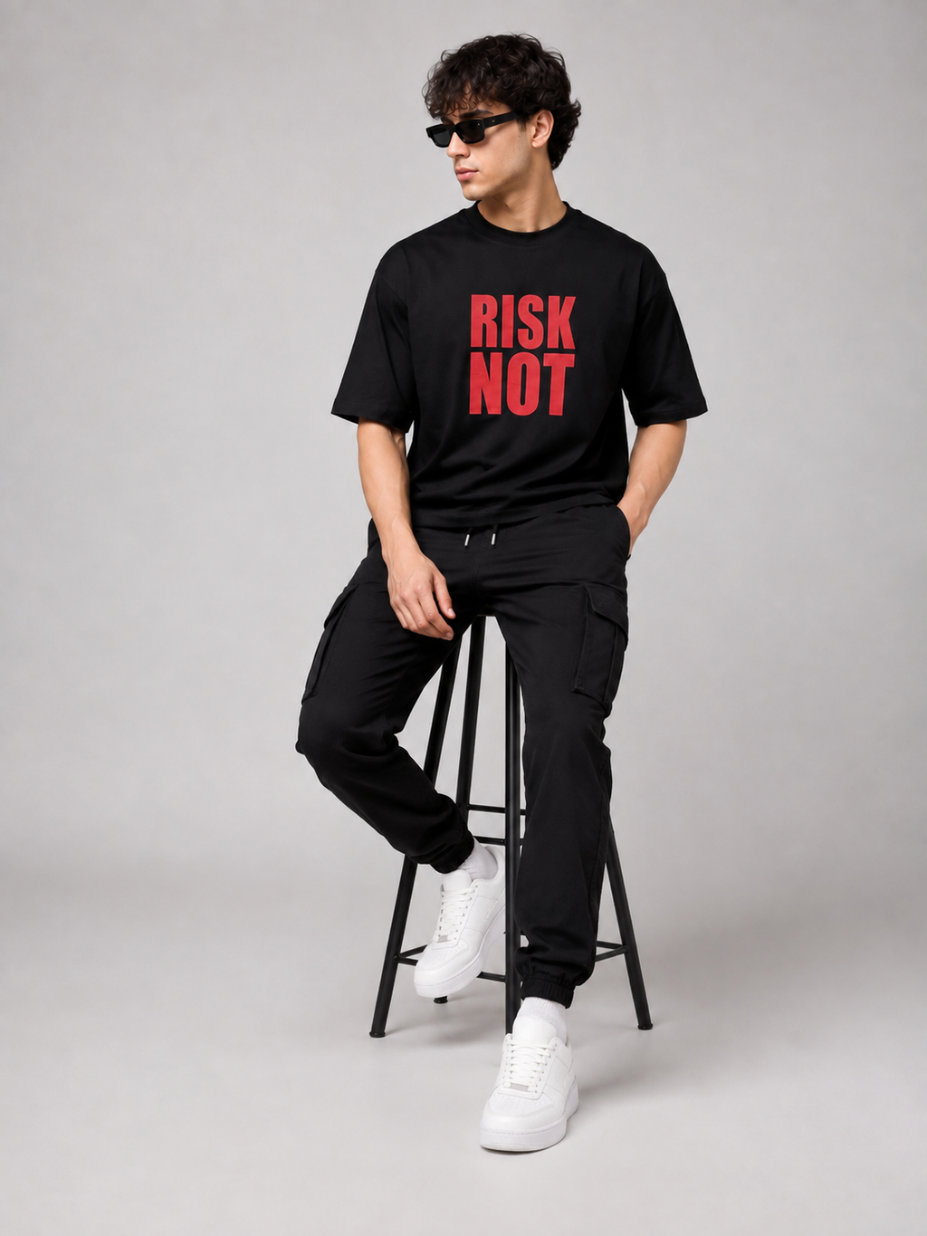 Men’s Black Down Shoulder “RISK NOT” Graphic Printed T-Shirt