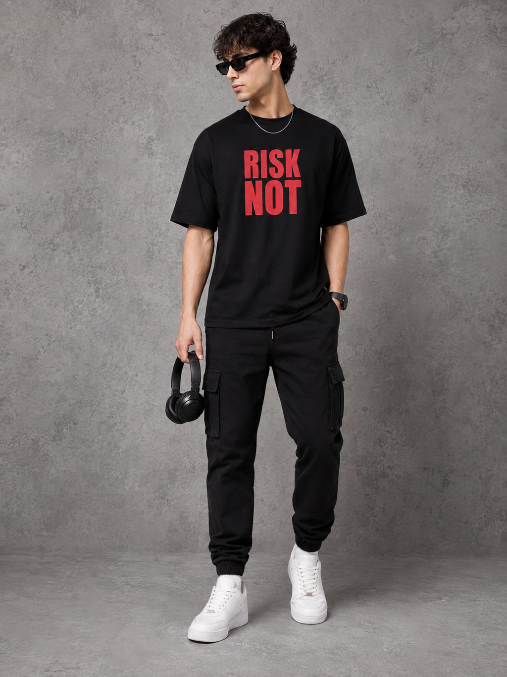 Men’s Black Down Shoulder “RISK NOT” Graphic Printed T-Shirt
