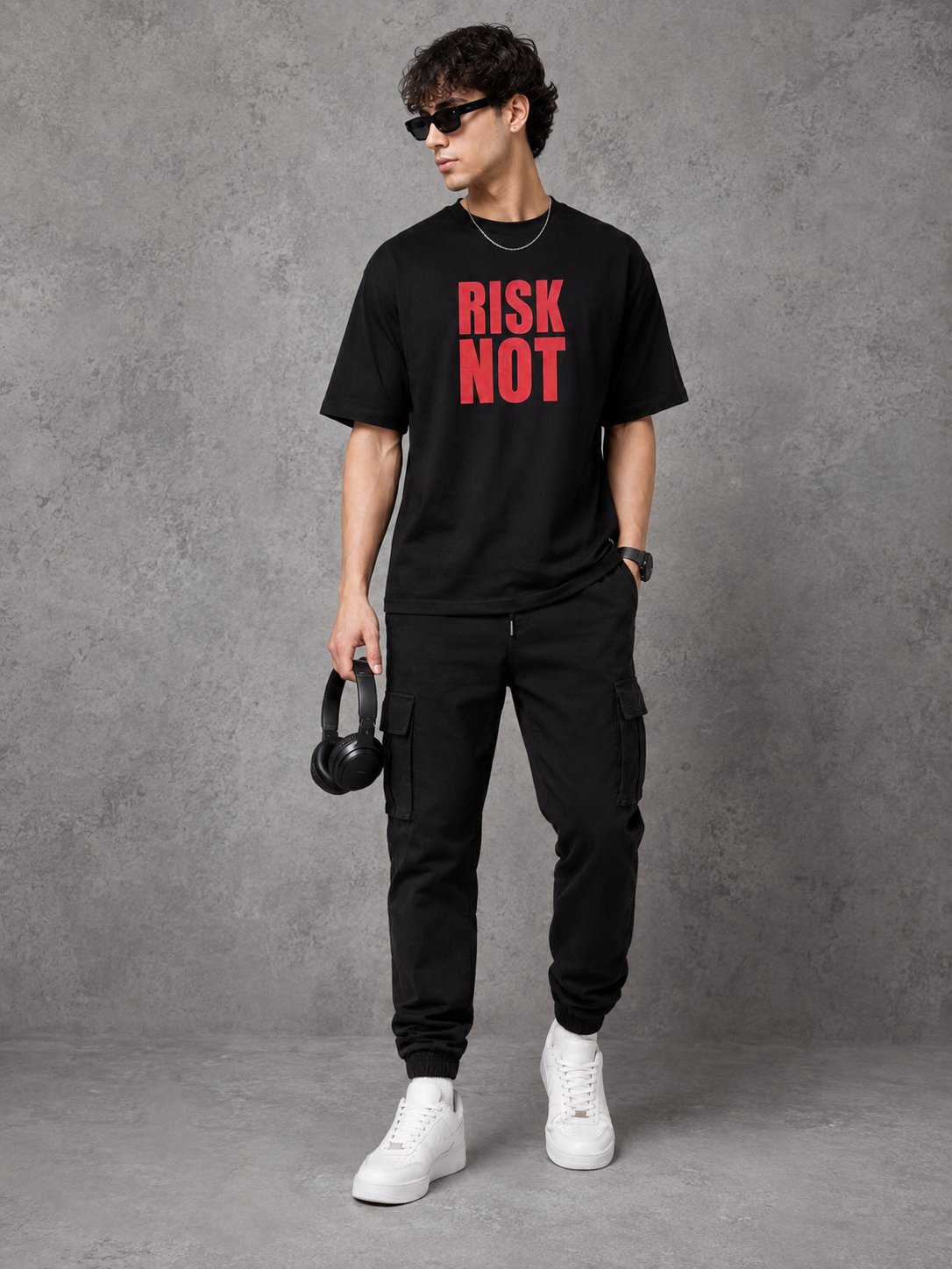 Men’s Black Down Shoulder “RISK NOT” Graphic Printed T-Shirt