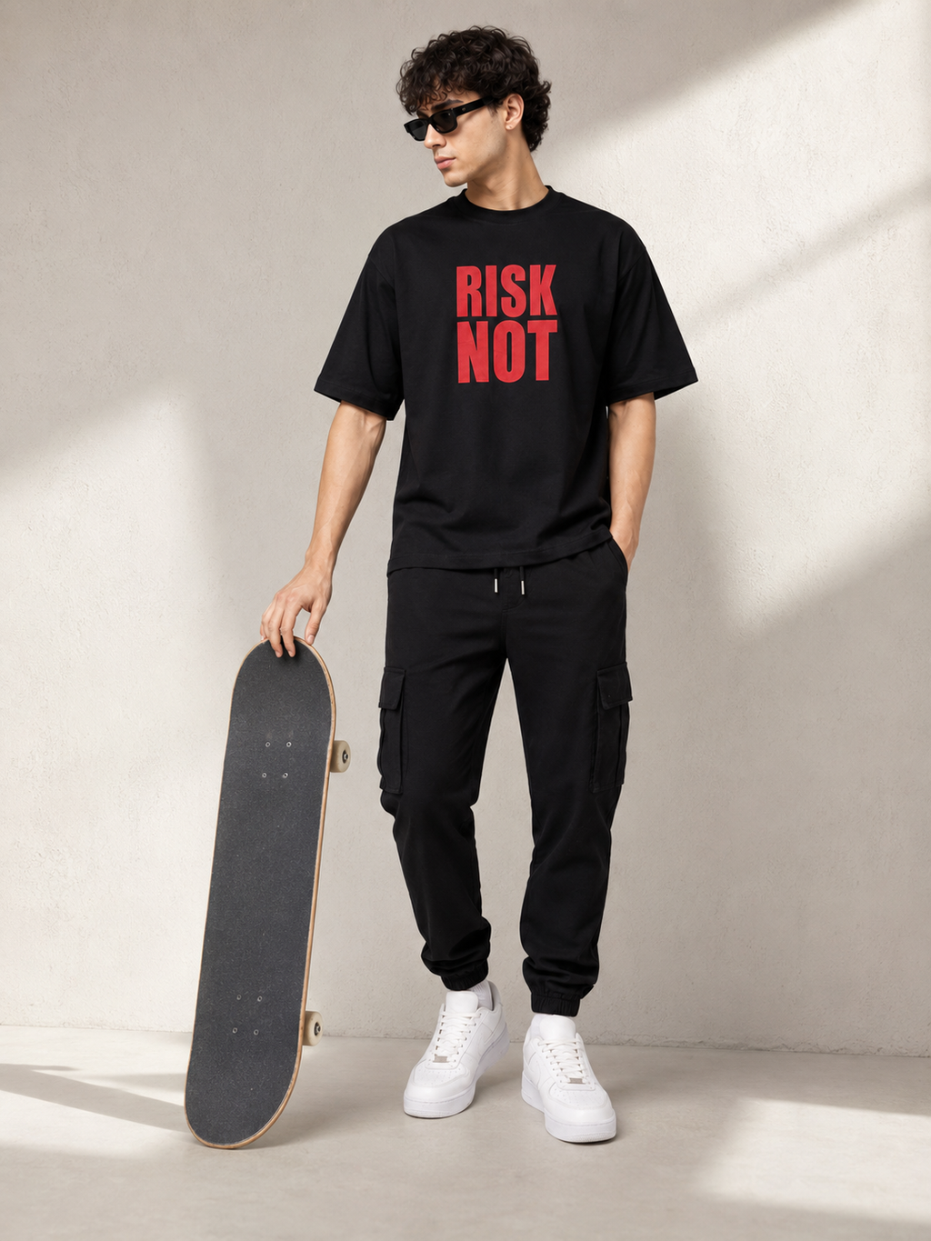 Men’s Black Down Shoulder “RISK NOT” Graphic Printed T-Shirt
