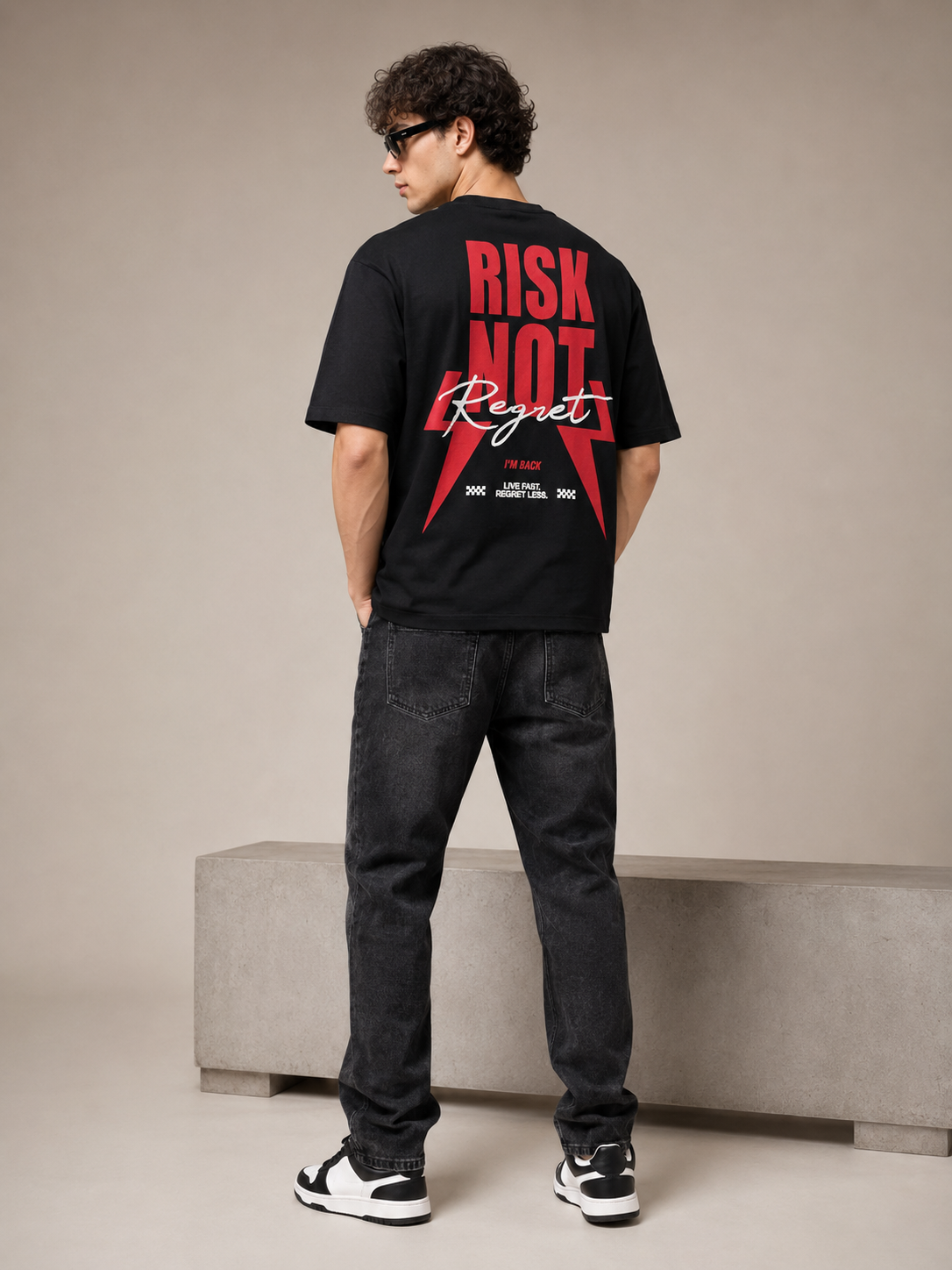 Men’s Black Down Shoulder “RISK NOT” Graphic Printed T-Shirt