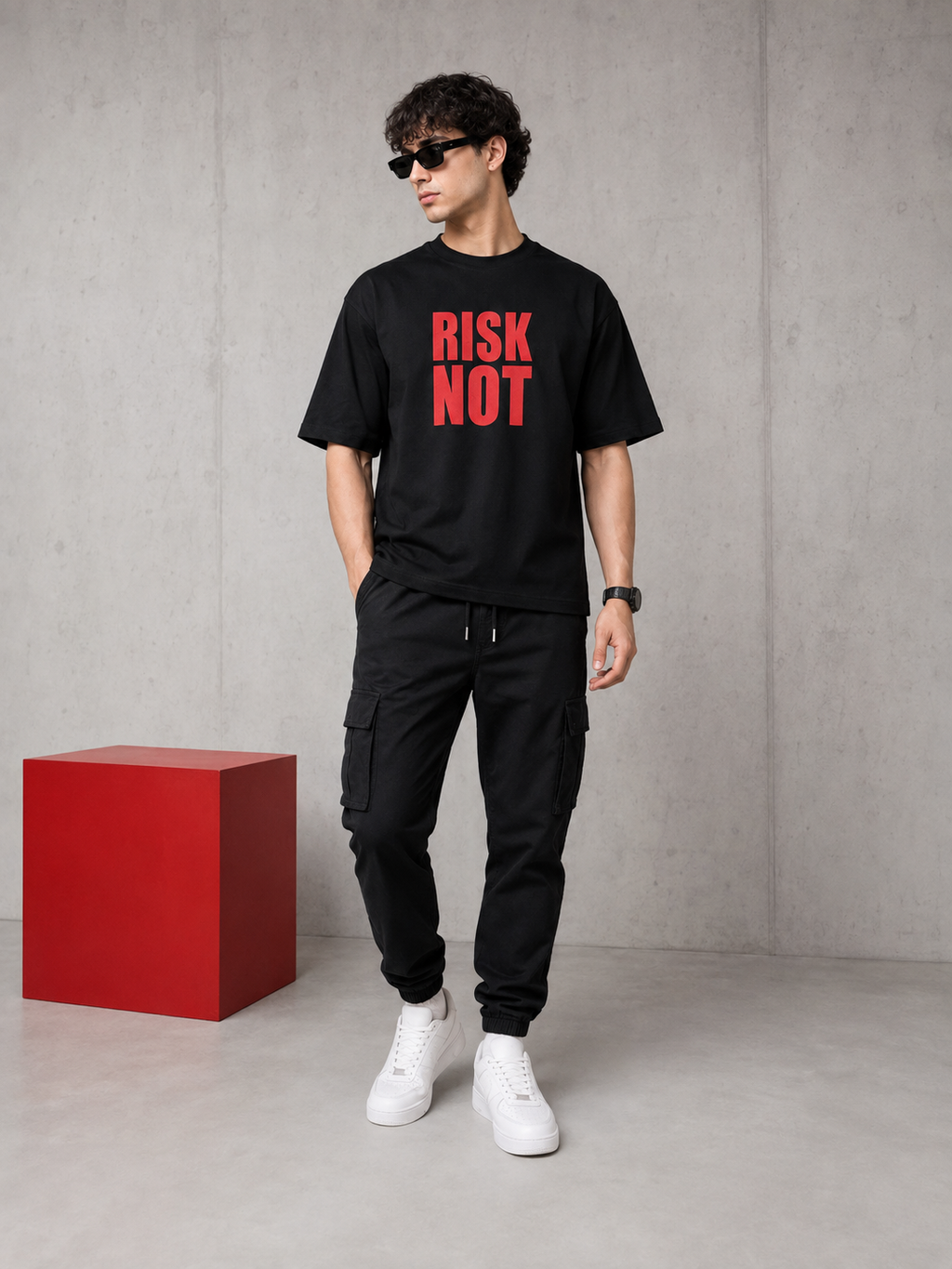 Men’s Black Down Shoulder “RISK NOT” Graphic Printed T-Shirt
