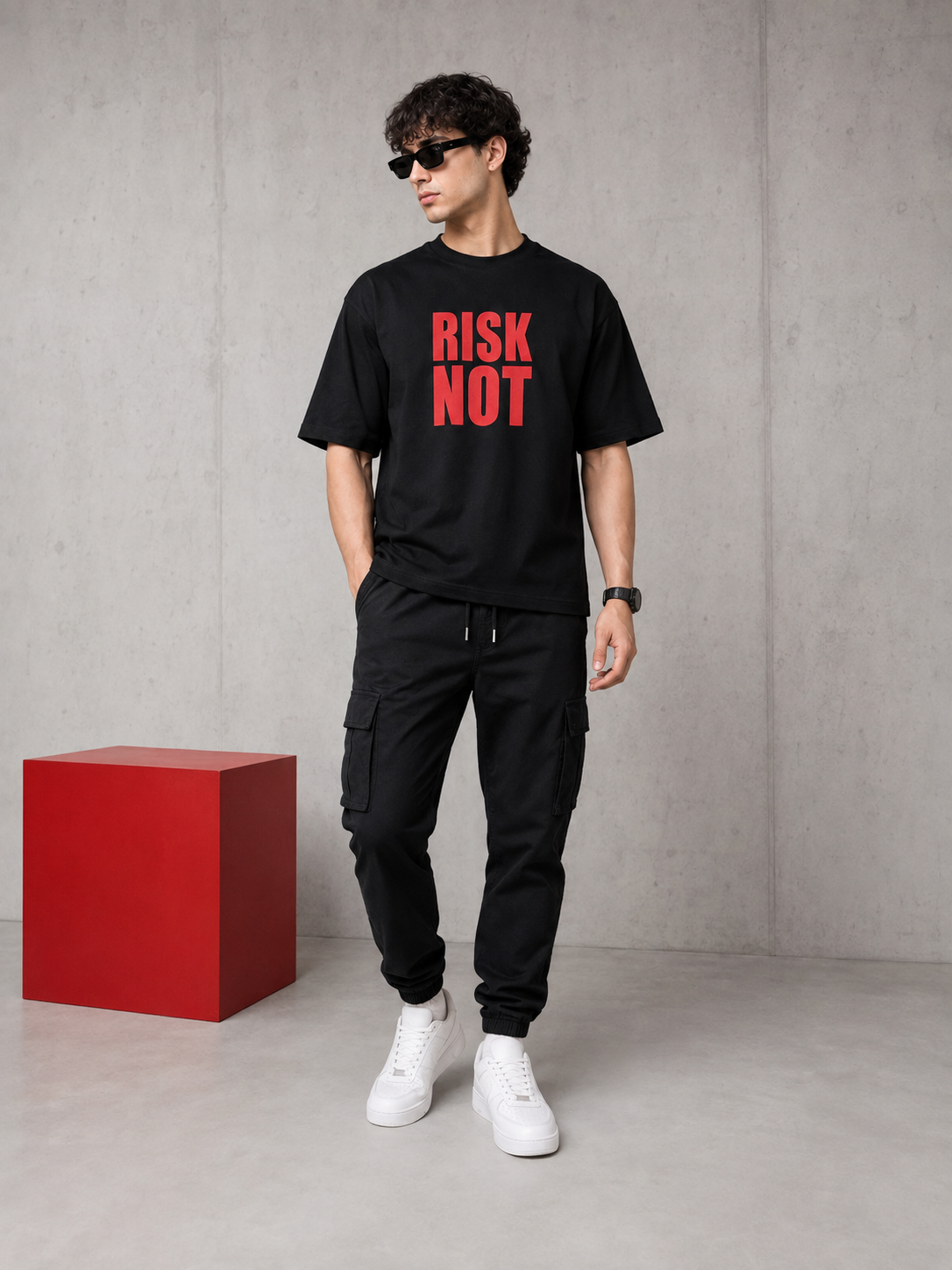 Men’s Black Down Shoulder “RISK NOT” Graphic Printed T-Shirt