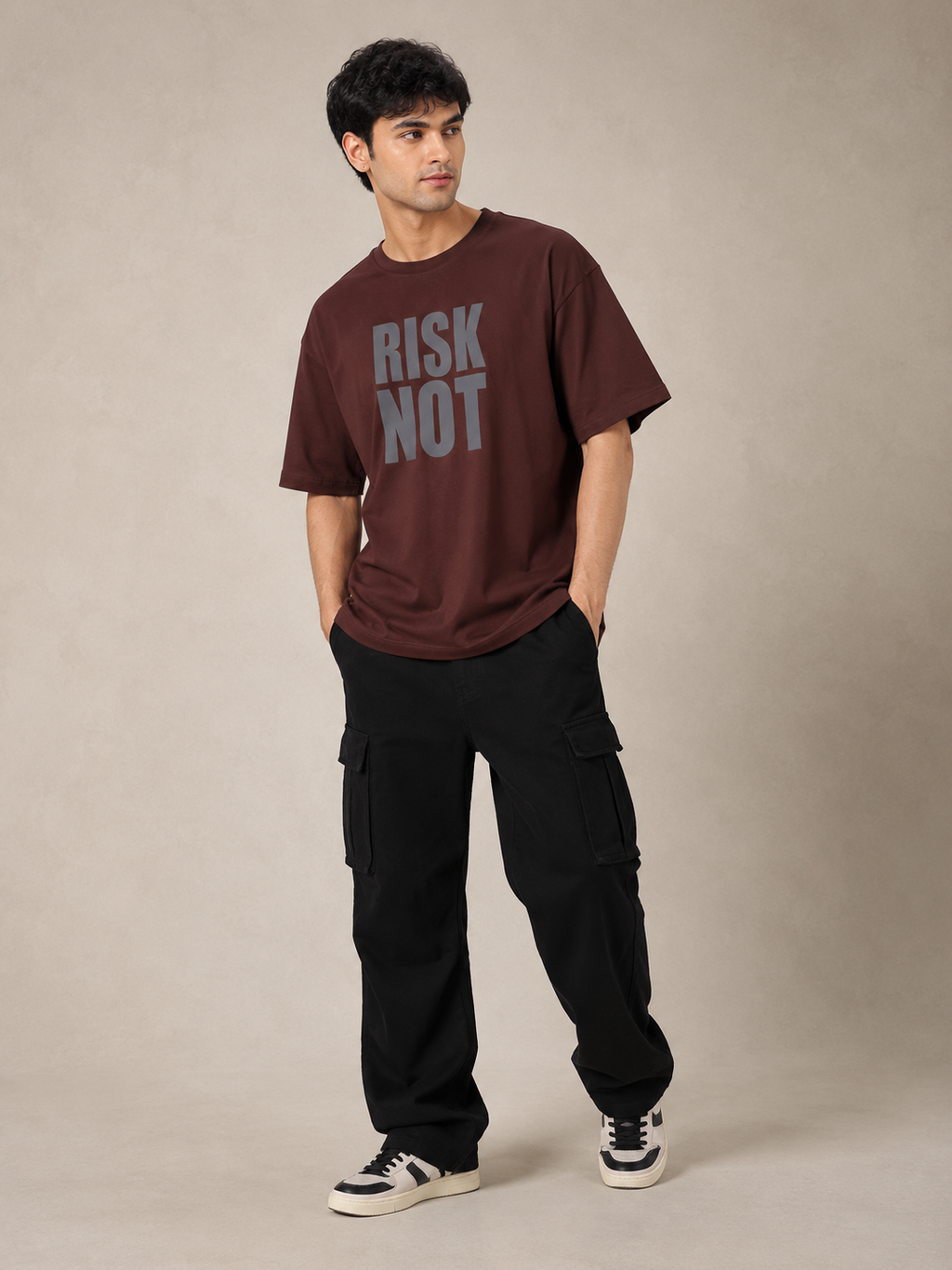 Men’s Brown Down Shoulder “RISK NOT” Graphic Printed T-Shirt