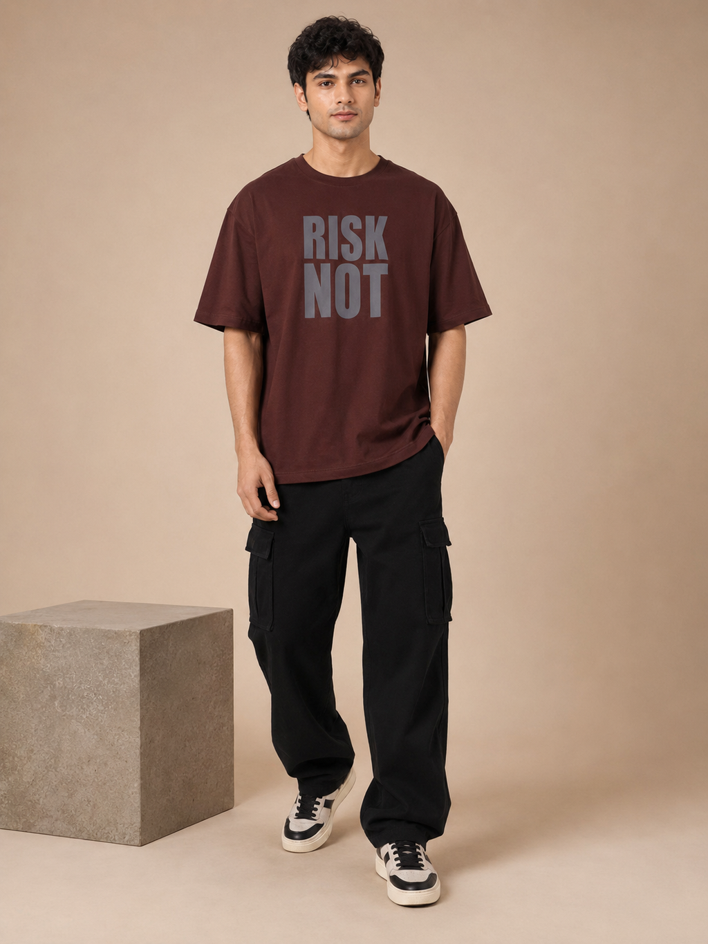 Men’s Brown Down Shoulder “RISK NOT” Graphic Printed T-Shirt