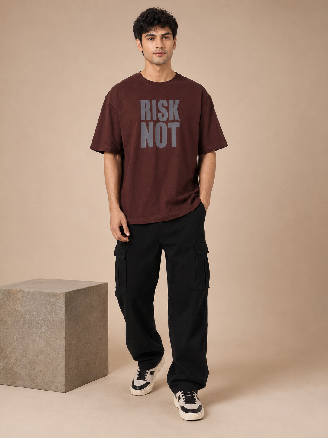Men’s Brown Down Shoulder “RISK NOT” Graphic Printed T-Shirt