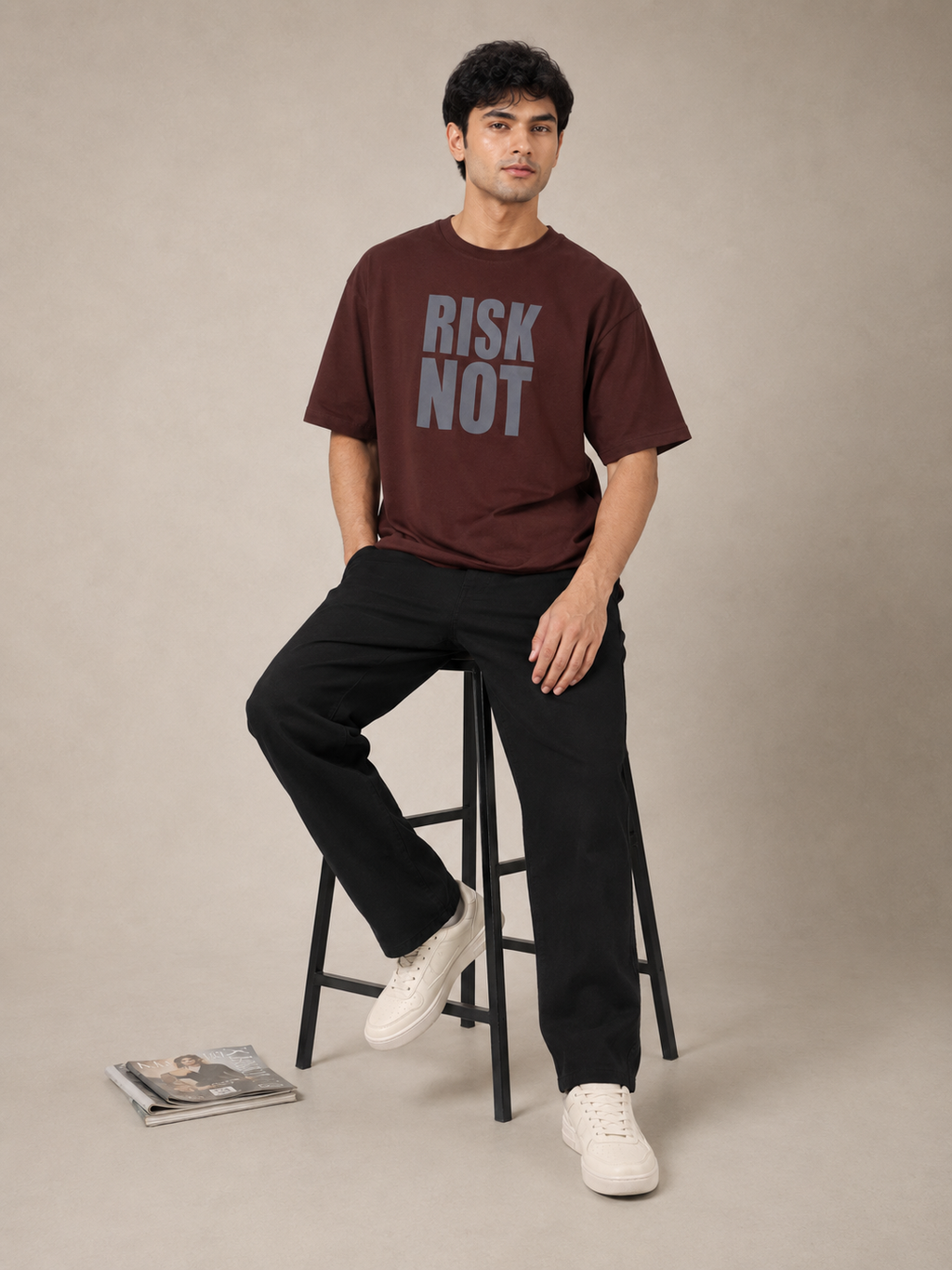 Men’s Brown Down Shoulder “RISK NOT” Graphic Printed T-Shirt