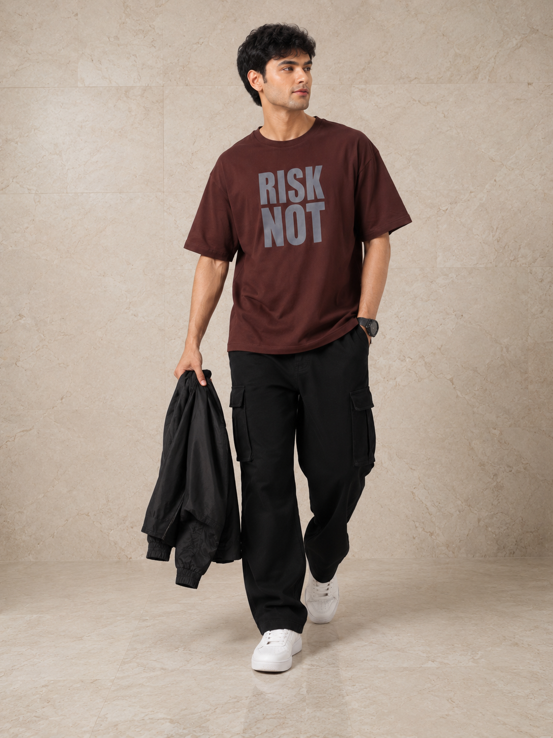 Men’s Brown Down Shoulder “RISK NOT” Graphic Printed T-Shirt