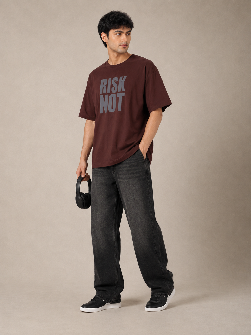 Men’s Brown Down Shoulder “RISK NOT” Graphic Printed T-Shirt