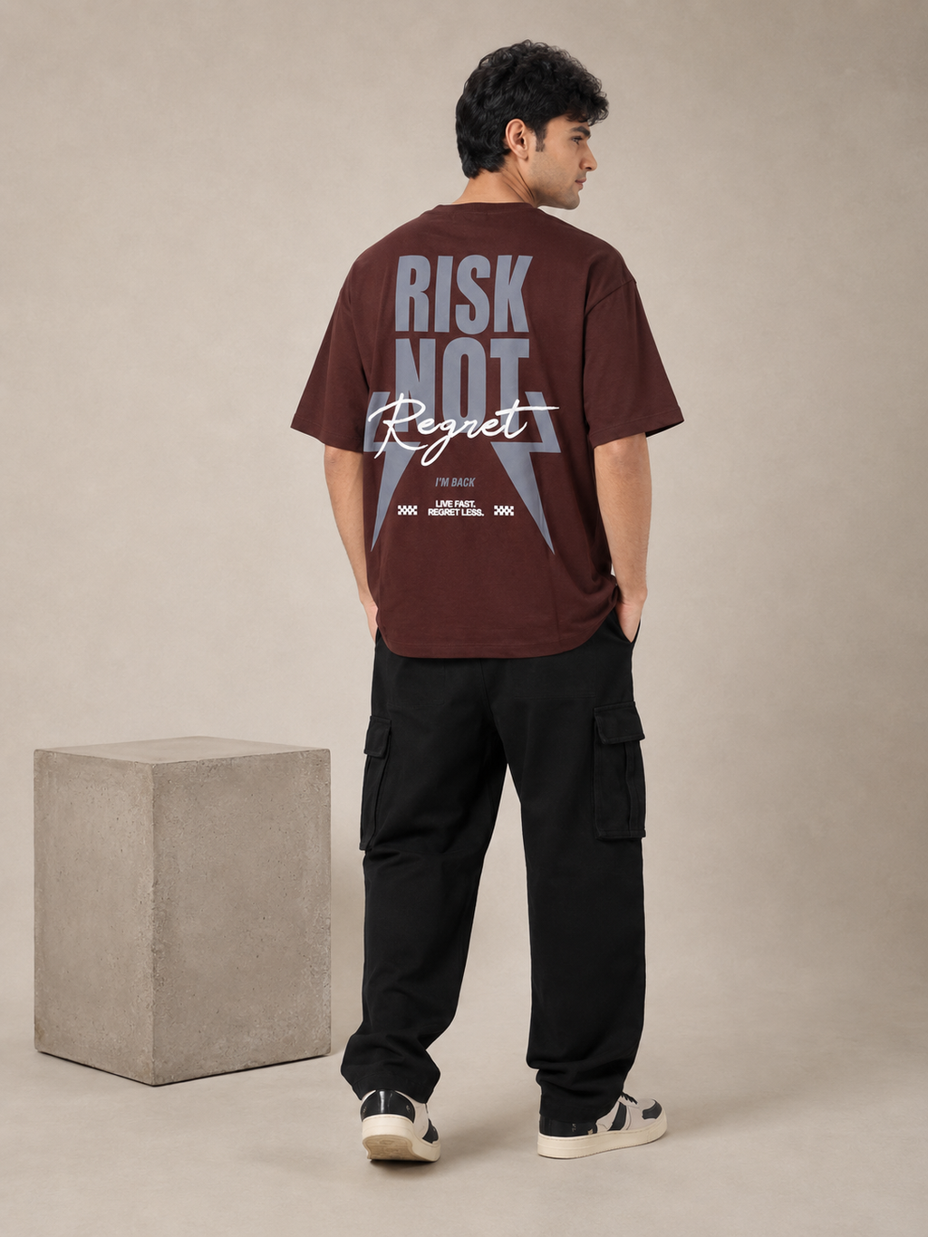 Men’s Brown Down Shoulder “RISK NOT” Graphic Printed T-Shirt