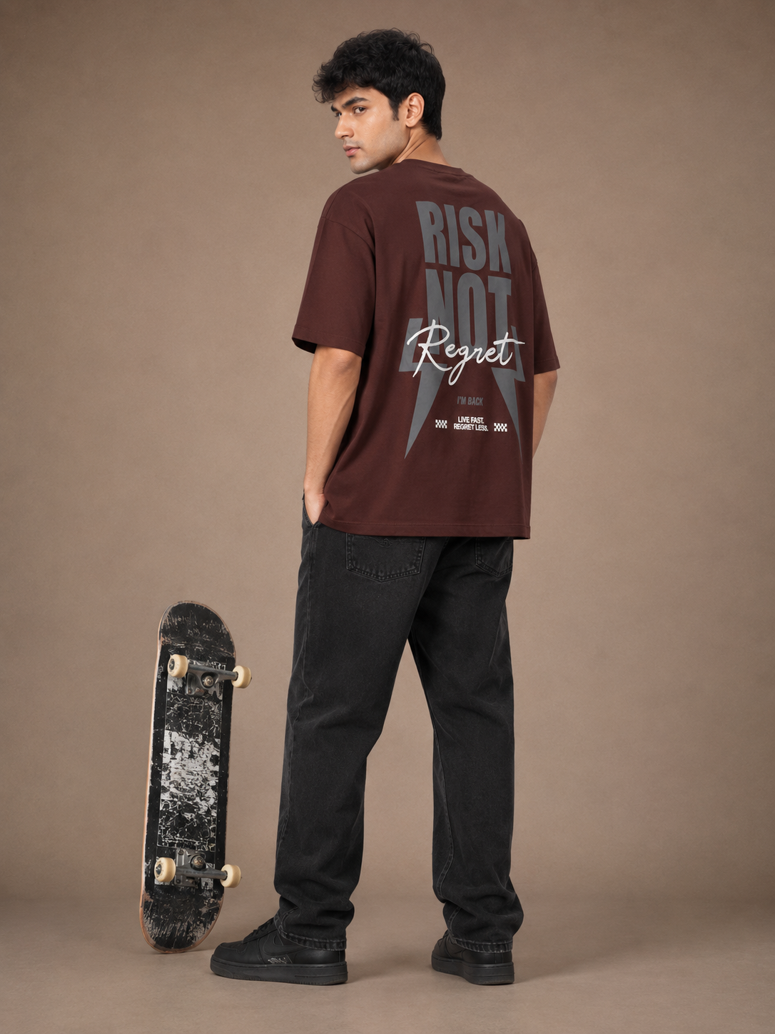 Men’s Brown Down Shoulder “RISK NOT” Graphic Printed T-Shirt