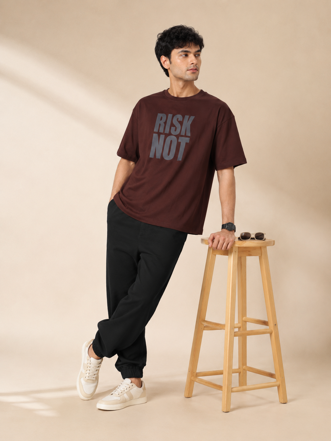 Men’s Brown Down Shoulder “RISK NOT” Graphic Printed T-Shirt