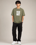 Men’s Olive Green Down Shoulder “RISK NOT” Graphic Printed T-Shirt