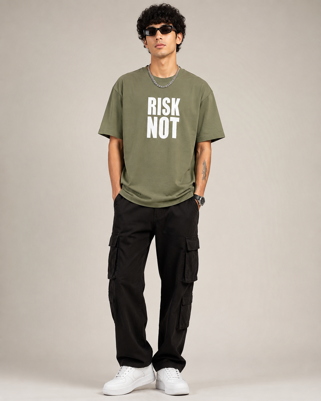 Men’s Olive Green Down Shoulder “RISK NOT” Graphic Printed T-Shirt