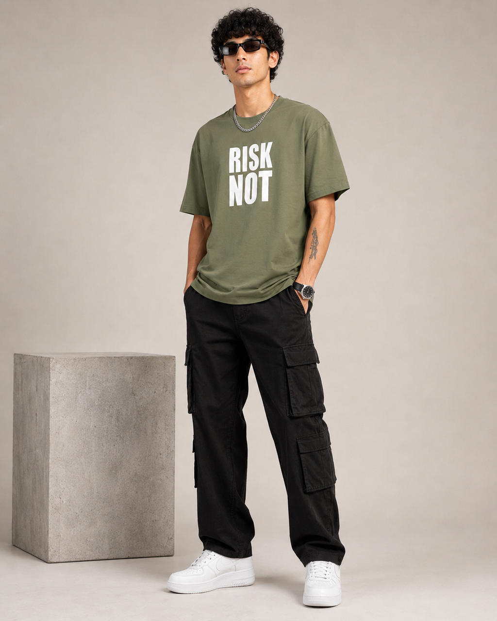 Men’s Olive Green Down Shoulder “RISK NOT” Graphic Printed T-Shirt