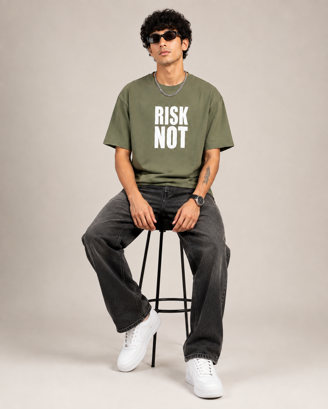 Men’s Olive Green Down Shoulder “RISK NOT” Graphic Printed T-Shirt