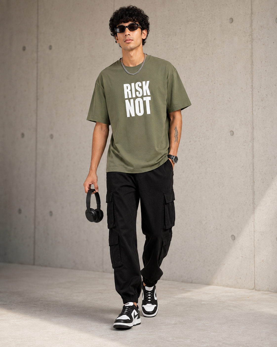 Men’s Olive Green Down Shoulder “RISK NOT” Graphic Printed T-Shirt
