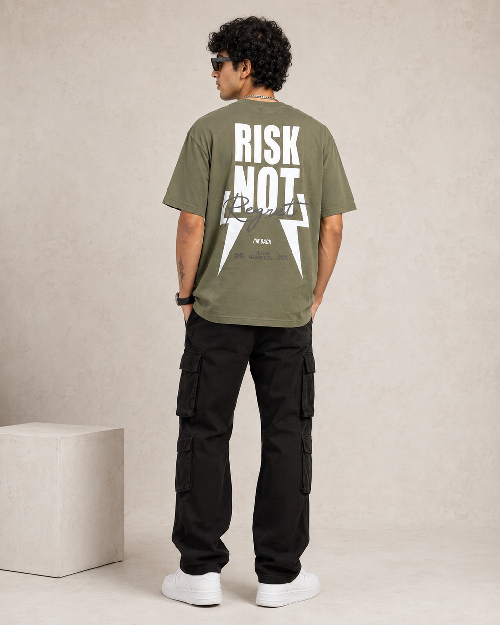 Men’s Olive Green Down Shoulder “RISK NOT” Graphic Printed T-Shirt