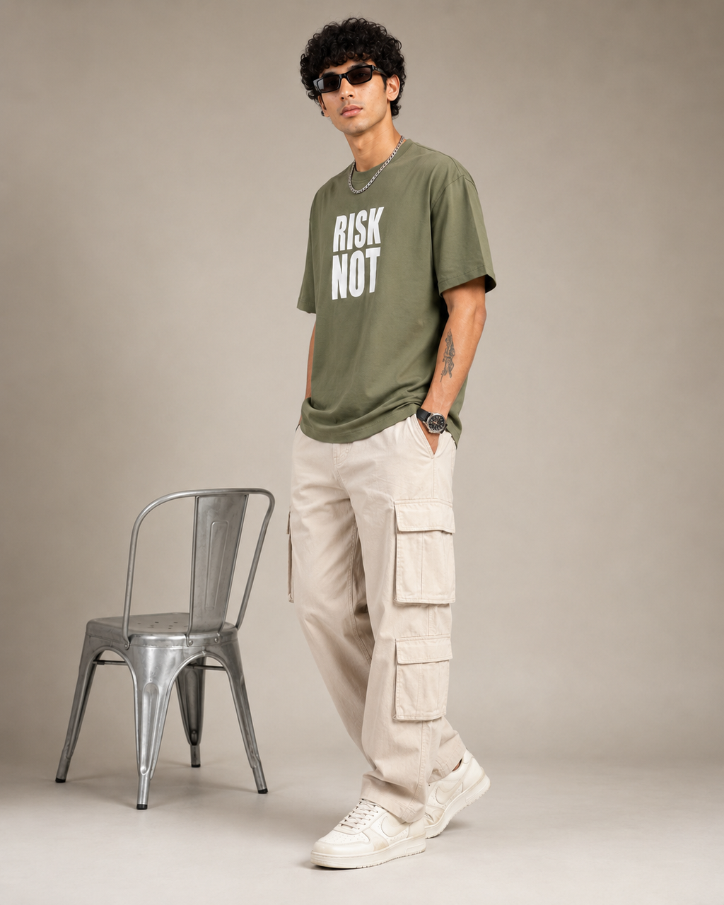 Men’s Olive Green Down Shoulder “RISK NOT” Graphic Printed T-Shirt