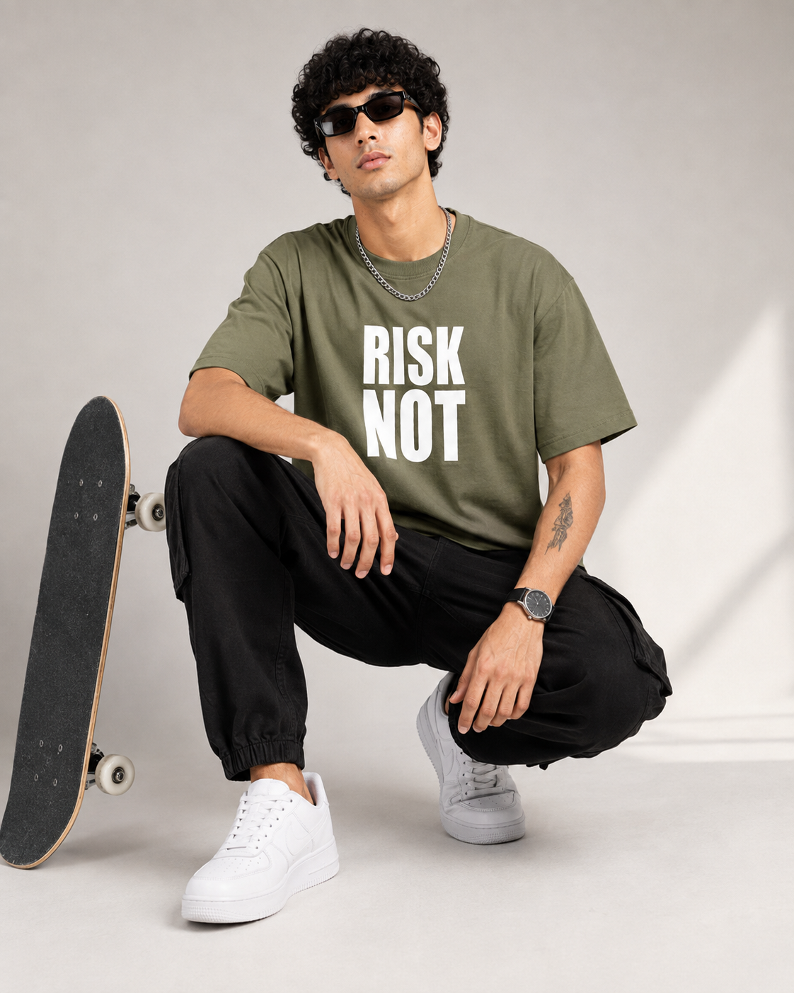 Men’s Olive Green Down Shoulder “RISK NOT” Graphic Printed T-Shirt