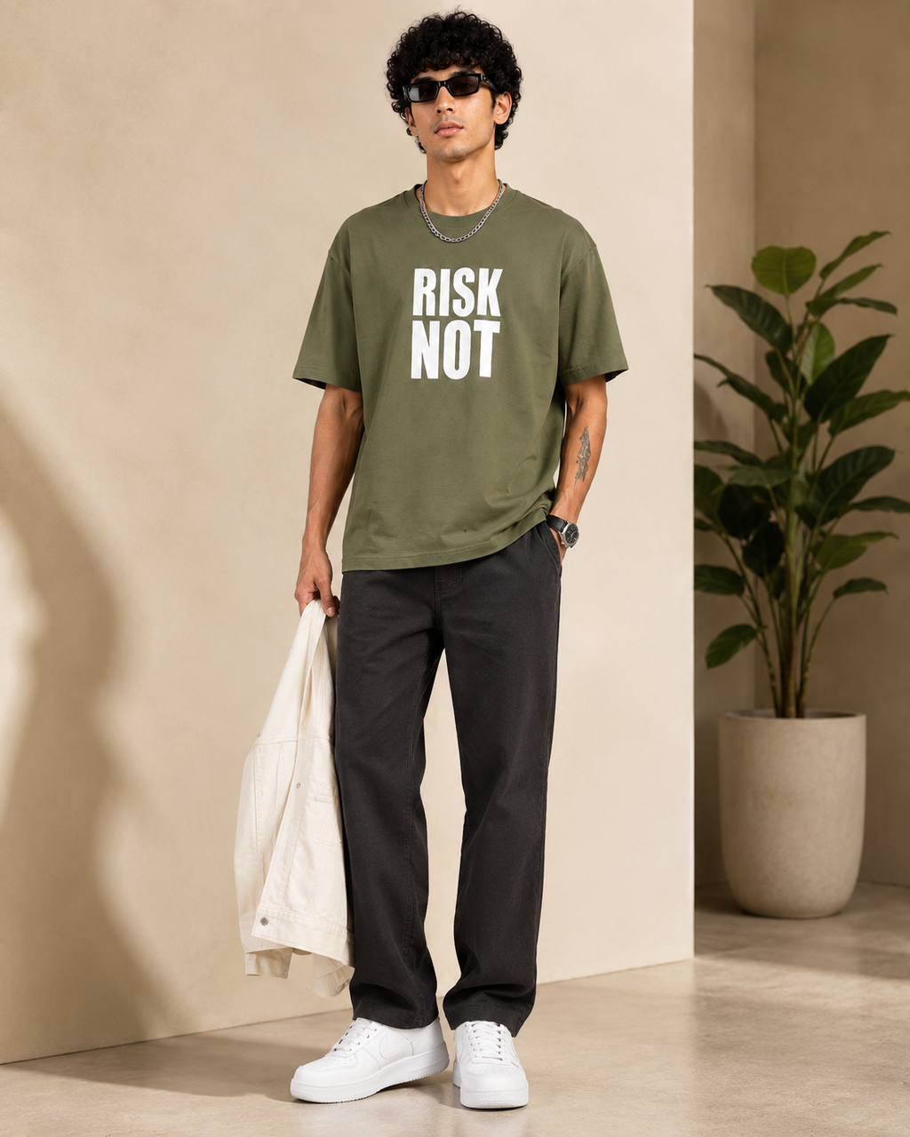 Men’s Olive Green Down Shoulder “RISK NOT” Graphic Printed T-Shirt