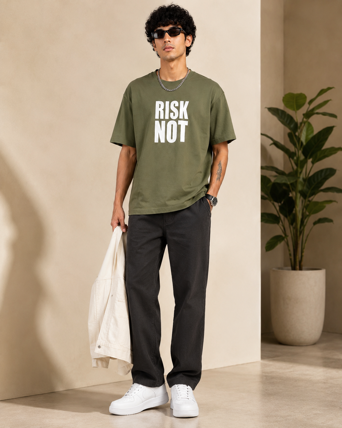 Men’s Olive Green Down Shoulder “RISK NOT” Graphic Printed T-Shirt