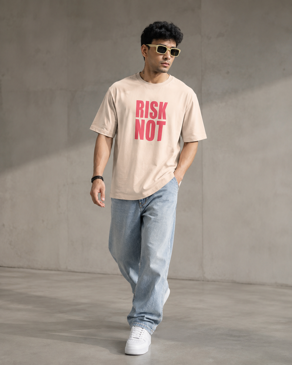 Men’s Beige Down Shoulder “RISK NOT” Graphic Printed T-Shirt