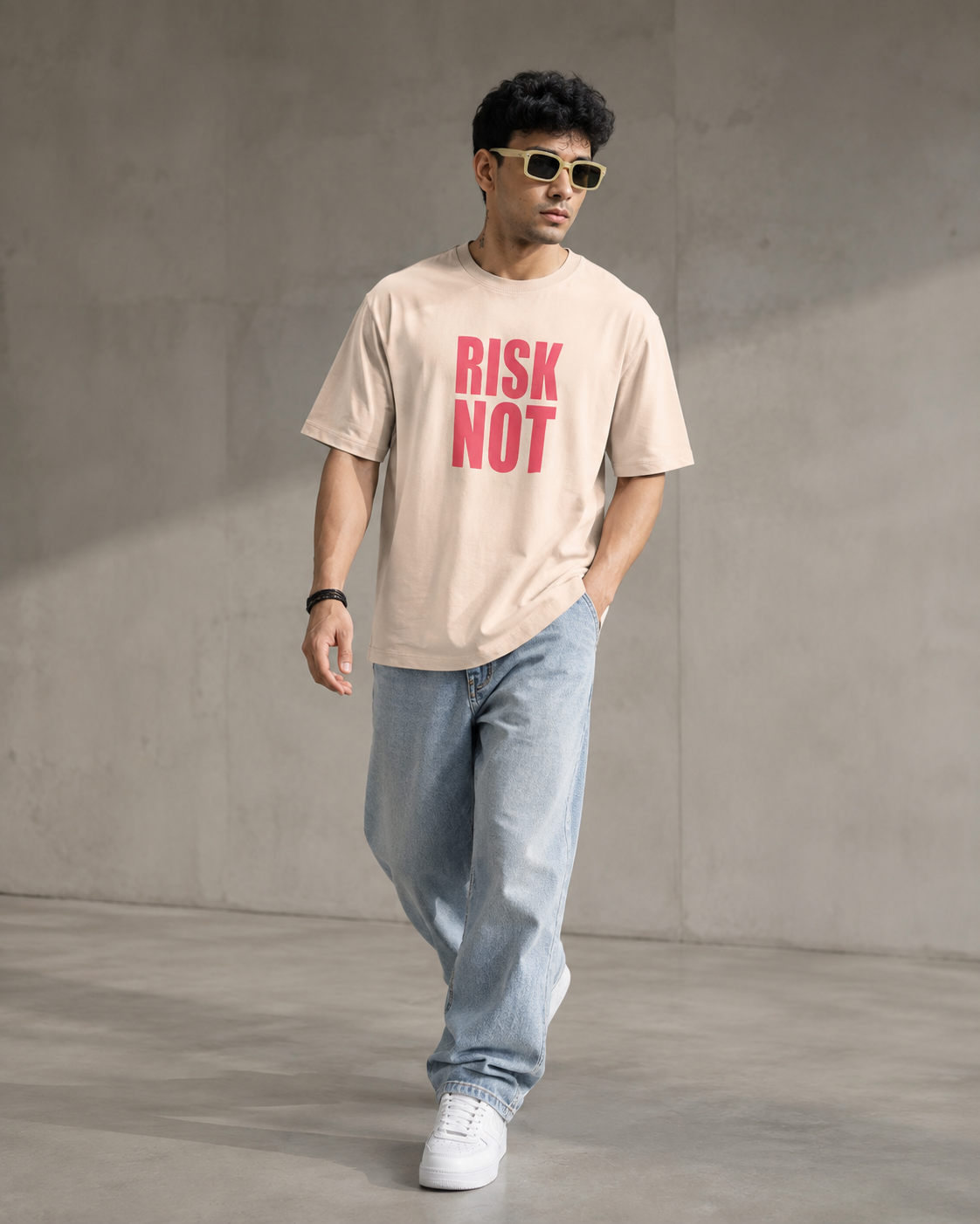 Men’s Beige Down Shoulder “RISK NOT” Graphic Printed T-Shirt