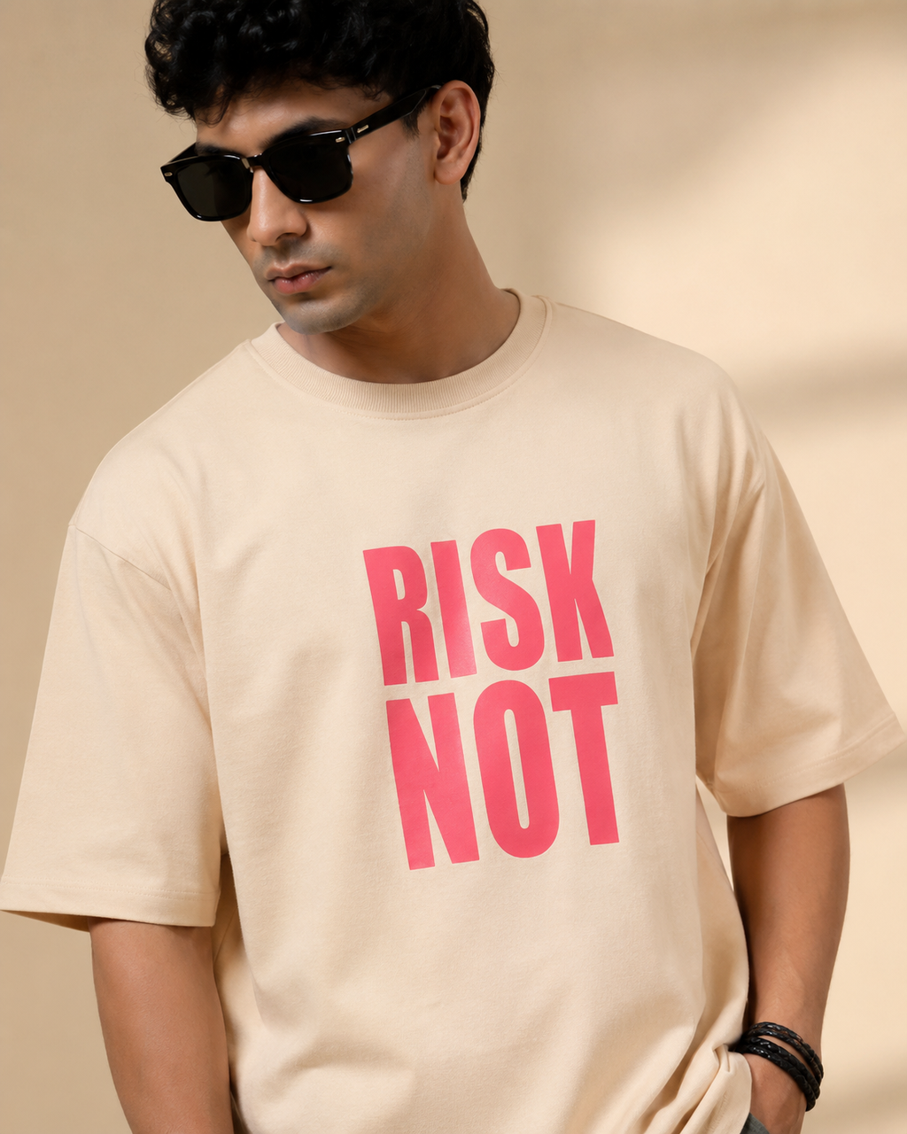 Men’s Beige Down Shoulder “RISK NOT” Graphic Printed T-Shirt