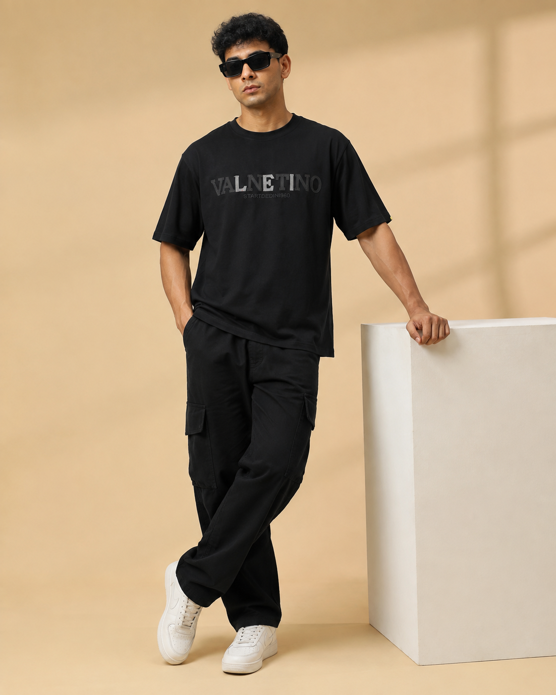 Men’s Black Down Shoulder Typography Printed T-Shirt
