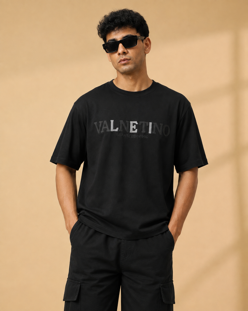 Men’s Black Down Shoulder Typography Printed T-Shirt