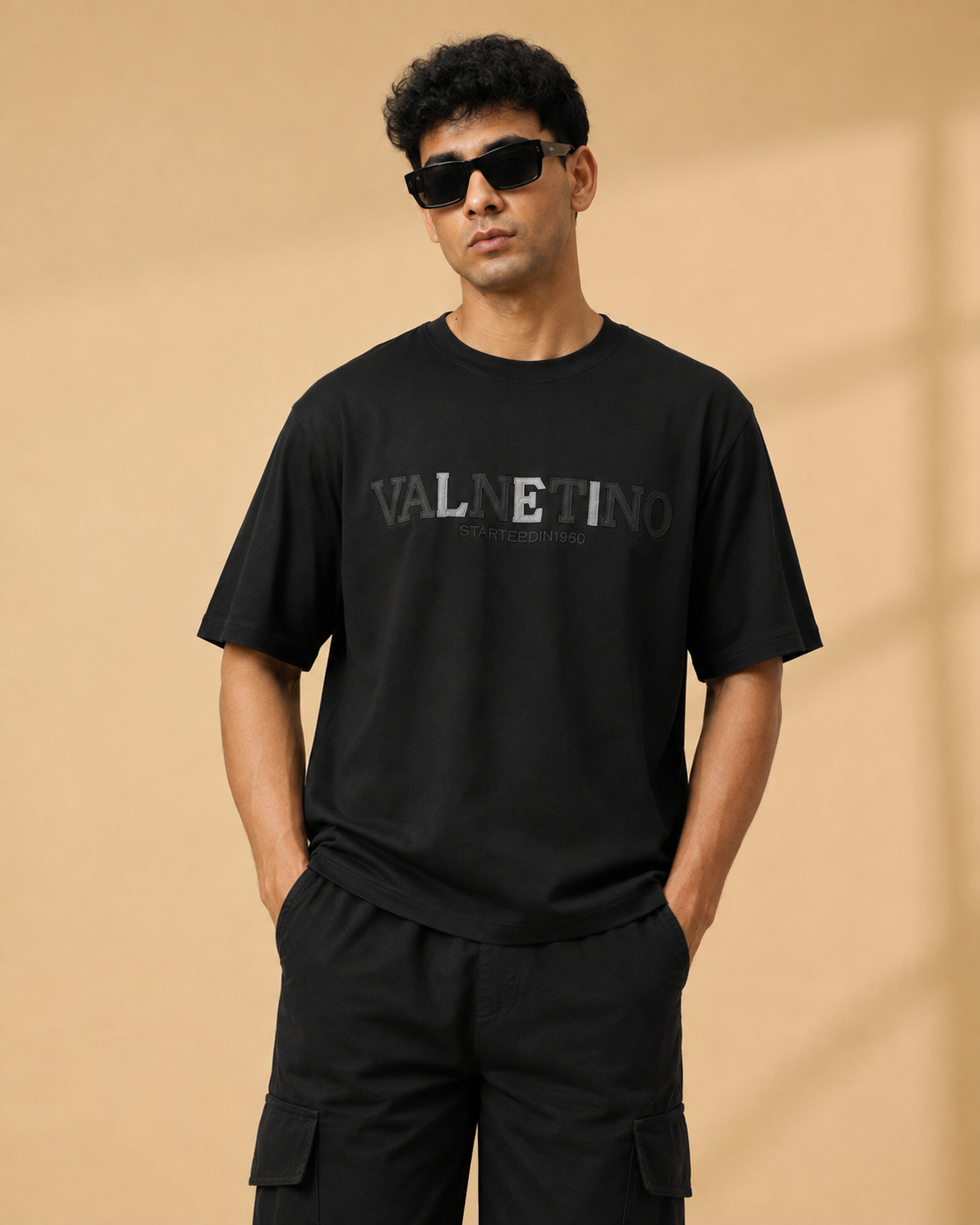 Men’s Black Down Shoulder Typography Printed T-Shirt